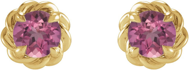 14K Gold Natural Pink Tourmaline Round 4-Prong Claw Rope Stud Earrings - Yellow Gold - view 4