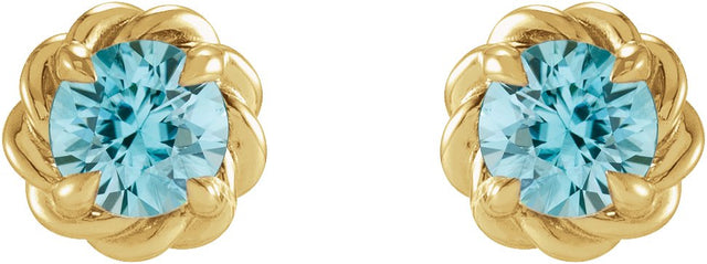 14K Gold Natural Blue Zircon Round 4-Prong Claw Rope Stud Earrings - Yellow Gold - view 4