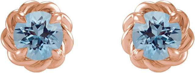 14K Gold Natural Aquamarine Round 4-Prong Claw Rope Stud Earrings - Rose Gold - view 4