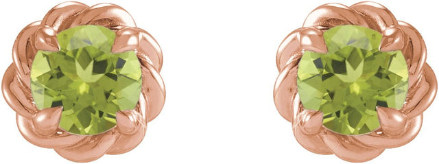 14K Gold Natural Peridot Round 4-Prong Claw Rope Stud Earrings - Rose Gold - view 4