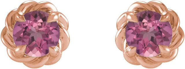 14K Gold Natural Pink Tourmaline Round 4-Prong Claw Rope Stud Earrings - Rose Gold - view 4