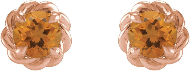 14K Gold Natural Citrine Round 4-Prong Claw Rope Stud Earrings - Rose Gold - view 4