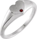 14K Gold Round Natural Mozambique Garnet Heart Signet Ring - White Gold