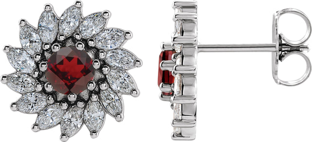 14K Gold Natural Mozambique Garnet & Natural Diamond Round 7-Prong Halo-Style Earrings - White Gold