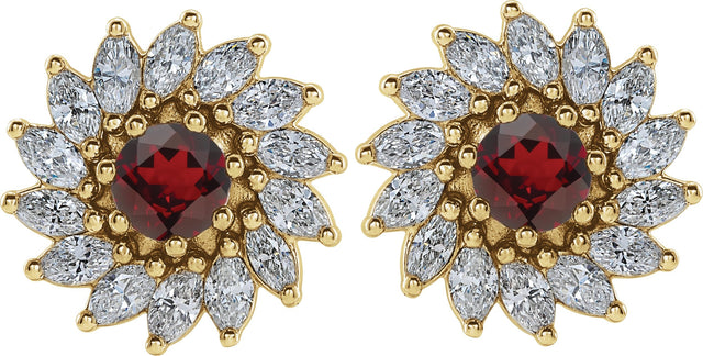 14K Gold Natural Mozambique Garnet & Natural Diamond Round 7-Prong Halo-Style Earrings - Yellow Gold - view 2