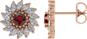 14K Gold Natural Mozambique Garnet & Natural Diamond Round 7-Prong Halo-Style Earrings - Rose Gold