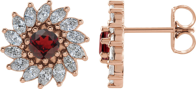 14K Gold Natural Mozambique Garnet & Natural Diamond Round 7-Prong Halo-Style Earrings - Rose Gold