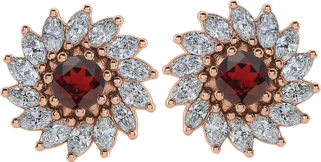 14K Gold Natural Mozambique Garnet & Natural Diamond Round 7-Prong Halo-Style Earrings - Rose Gold - view 2