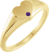 14K Gold Round Natural Amethyst Heart Signet Ring - Yellow Gold