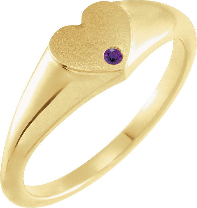14K Gold Round Natural Amethyst Heart Signet Ring - Yellow Gold
