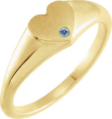 14K Gold Round Natural Aquamarine Heart Signet Ring - Yellow Gold