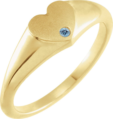 14K Gold Round Natural Aquamarine Heart Signet Ring - Yellow Gold