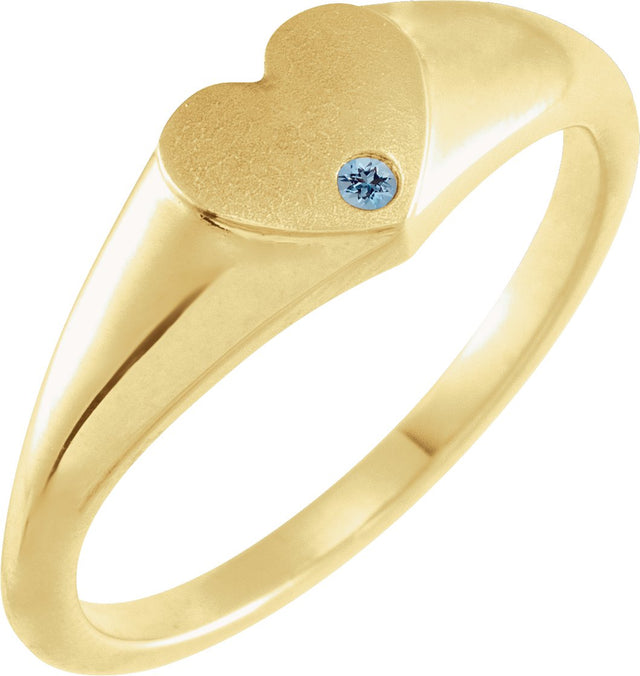 14K Gold Round Natural Aquamarine Heart Signet Ring - Yellow Gold