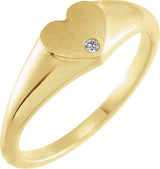 14K Gold Round Natural White Sapphire Heart Signet Ring - Yellow Gold