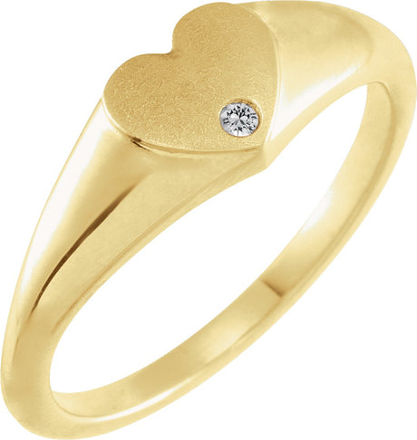 14K Gold Round Natural White Sapphire Heart Signet Ring - Yellow Gold