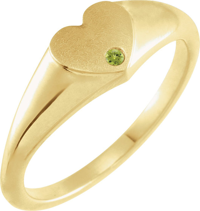 14K Gold Round Natural Peridot Heart Signet Ring - Yellow Gold