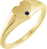 14K Gold Round Natural Blue Sapphire Heart Signet Ring - Yellow Gold