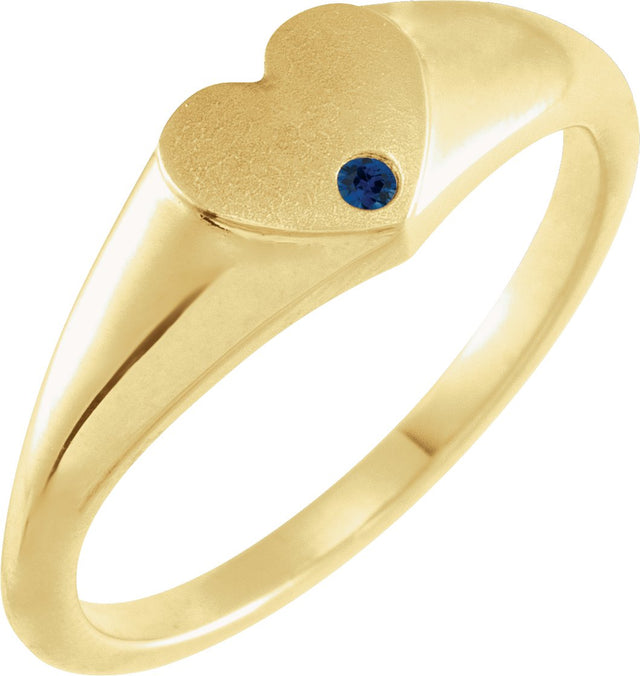 14K Gold Round Natural Blue Sapphire Heart Signet Ring - Yellow Gold
