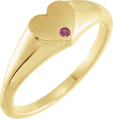14K Gold Round Natural Pink Tourmaline Heart Signet Ring - Yellow Gold