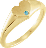 14K Gold Round Natural Blue Zircon Heart Signet Ring - Yellow Gold