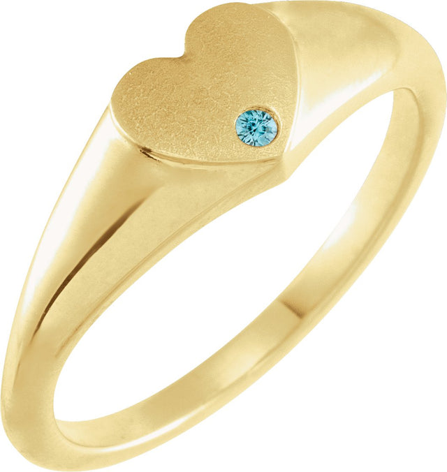 14K Gold Round Natural Blue Zircon Heart Signet Ring - Yellow Gold