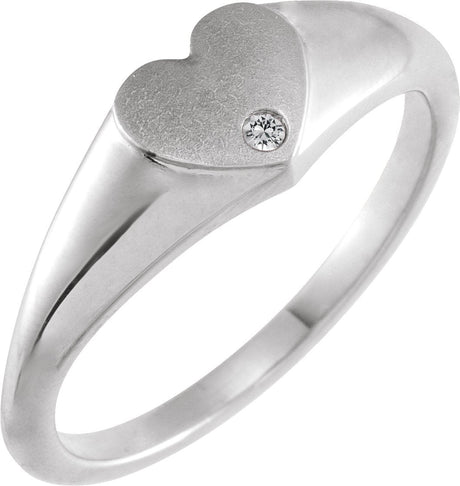14K Gold Round Natural White Sapphire Heart Signet Ring - White Gold