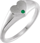 Platinum Round Natural Emerald Heart Signet Ring