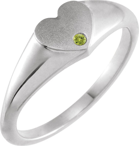 Platinum Round Natural Peridot Heart Signet Ring