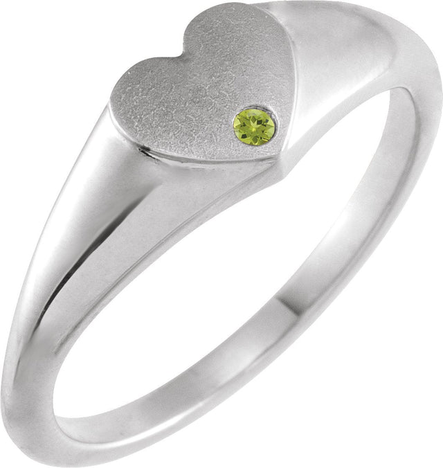 14K Gold Round Natural Peridot Heart Signet Ring - White Gold