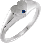 Platinum Round Natural Blue Sapphire Heart Signet Ring