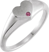 Platinum Round Natural Pink Tourmaline Heart Signet Ring