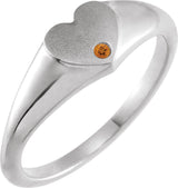 14K Gold Round Natural Citrine Heart Signet Ring - White Gold