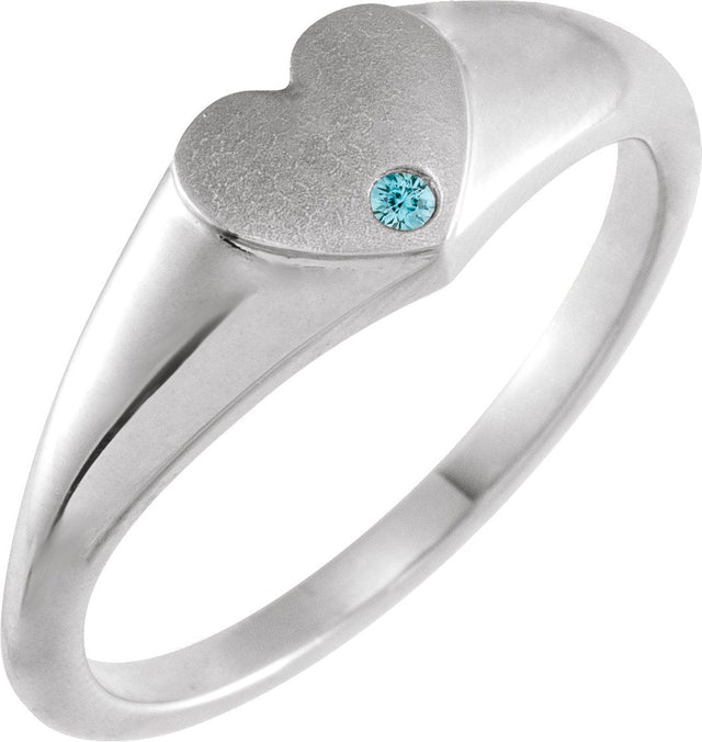 14K Gold Round Natural Blue Zircon Heart Signet Ring - White Gold