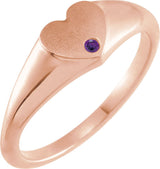 14K Gold Round Natural Amethyst Heart Signet Ring - Rose Gold
