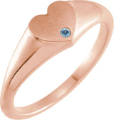 14K Gold Round Natural Aquamarine Heart Signet Ring - Rose Gold