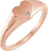 14K Gold Round Natural White Sapphire Heart Signet Ring - Rose Gold