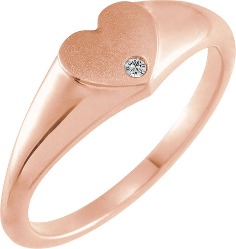 14K Gold Round Natural White Sapphire Heart Signet Ring - Rose Gold