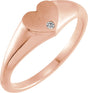 14K Gold Round Natural White Sapphire Heart Signet Ring - Rose Gold