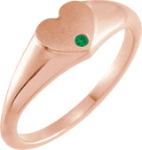 14K Gold Round Natural Emerald Heart Signet Ring - Rose Gold