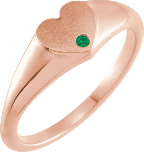 14K Gold Round Natural Emerald Heart Signet Ring - Rose Gold