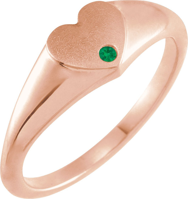 14K Gold Round Natural Emerald Heart Signet Ring - Rose Gold