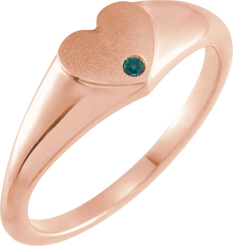 14K Gold Round Natural Alexandrite Heart Signet Ring - Rose Gold