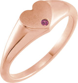 14K Gold Round Natural Pink Tourmaline Heart Signet Ring - Rose Gold