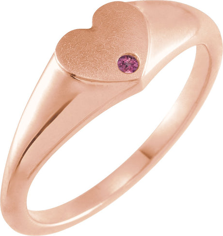 14K Gold Round Natural Pink Tourmaline Heart Signet Ring - Rose Gold
