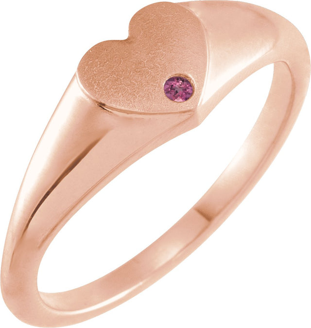 14K Gold Round Natural Pink Tourmaline Heart Signet Ring - Rose Gold