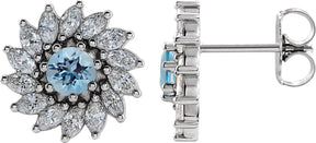 Platinum Natural Aquamarine & Natural Diamond Round 7-Prong Halo-Style Earrings