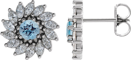 Platinum Natural Aquamarine & Natural Diamond Round 7-Prong Halo-Style Earrings