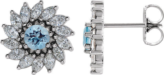 14K Gold Natural Aquamarine & Natural Diamond Round 7-Prong Halo-Style Earrings - White Gold