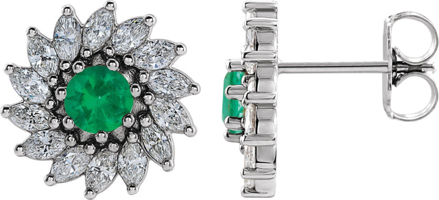 Platinum Natural Emerald & Natural Diamond Round 7-Prong Halo-Style Earrings