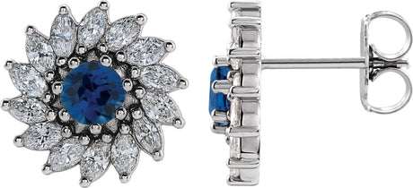 14K Gold Lab-Grown Blue Sapphire & Natural Diamond Round 7-Prong Halo-Style Earrings - White Gold